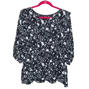 Anthropologie XL W5 Concepts Black White‎ Floral Ruffle Hem Stretch Crepe Top